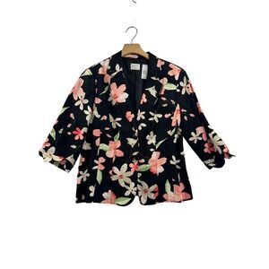 Emma James Floral Blazer Women 12 Black Pink White 3/4 Sleeve Lined Button Front